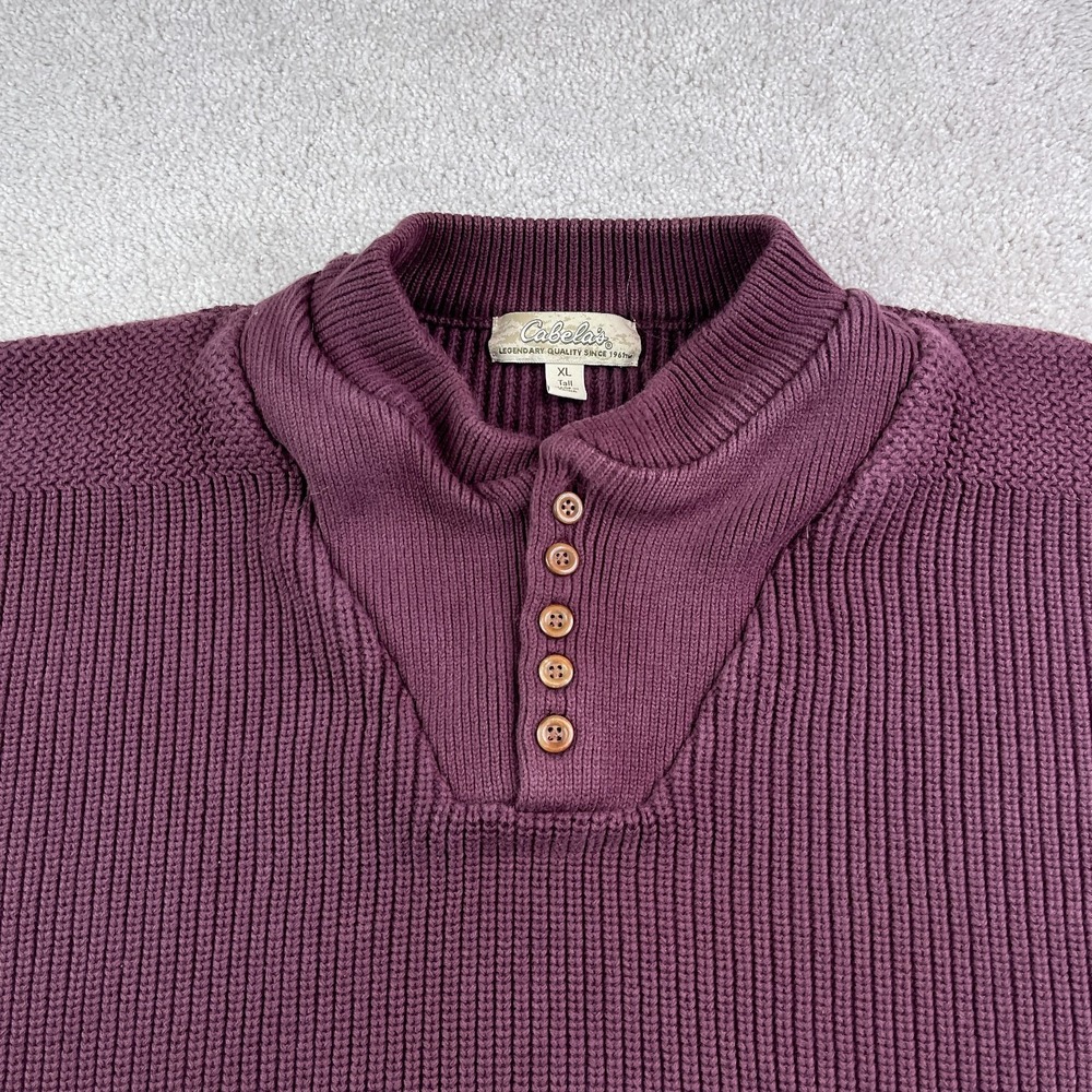 Cabelas Sweater Mens XL Tall Red Burgundy Henley Heavy Cotton Ribbed Fisherman - Picture 2 of 13